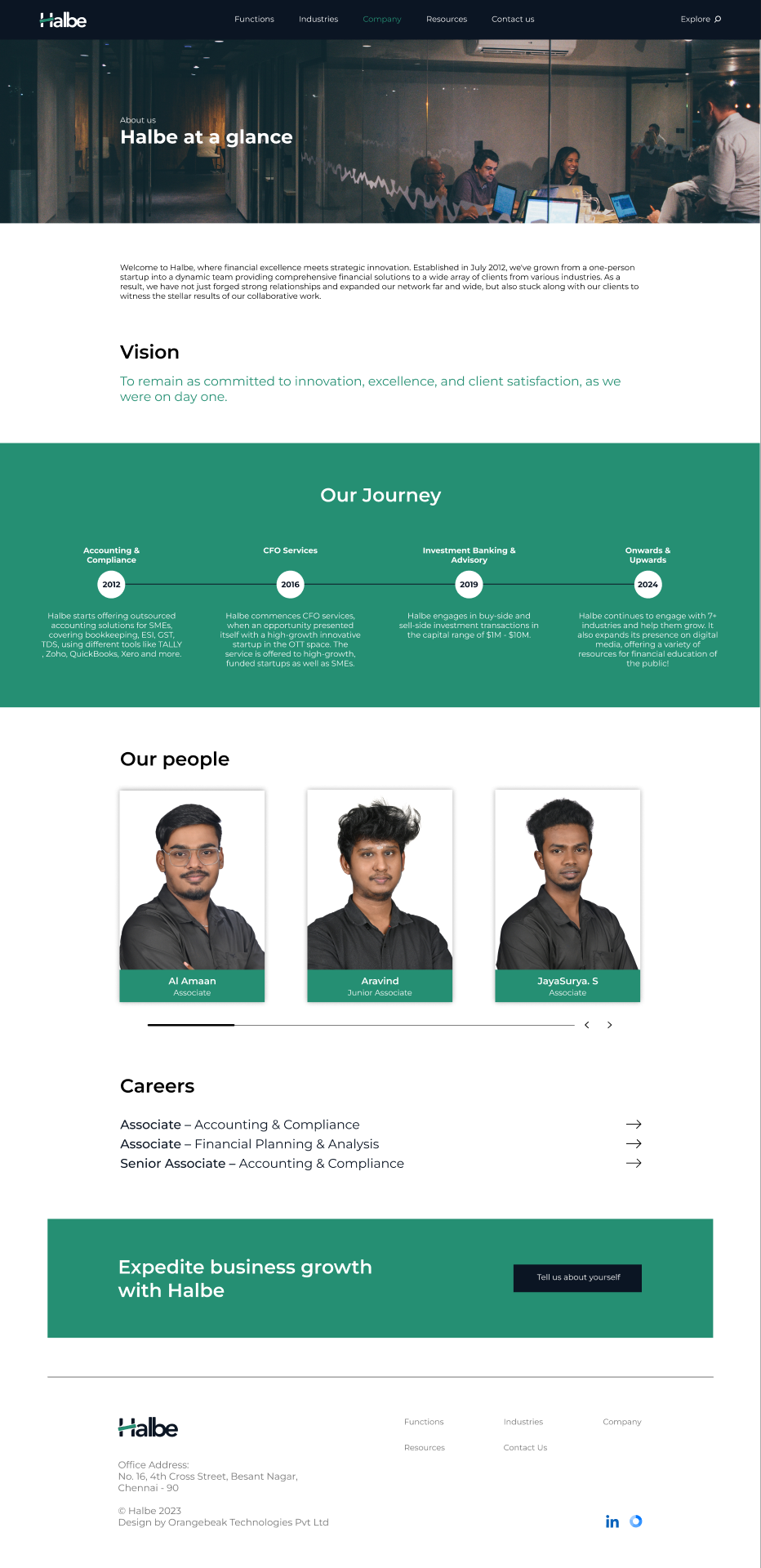 Halbe Company page: Halbe at a Glance, Vision, and the Our Journey timeline from 2012 to 2024